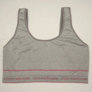 Lucky Brand Sports Bra, Women Size 2X, Light Gray with Cream & Maroon Details